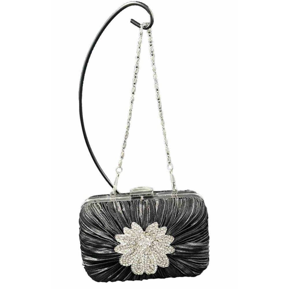 Charming Charlie Black Satin Rhinestone Embellished Cocktail Formal Clutch Purse